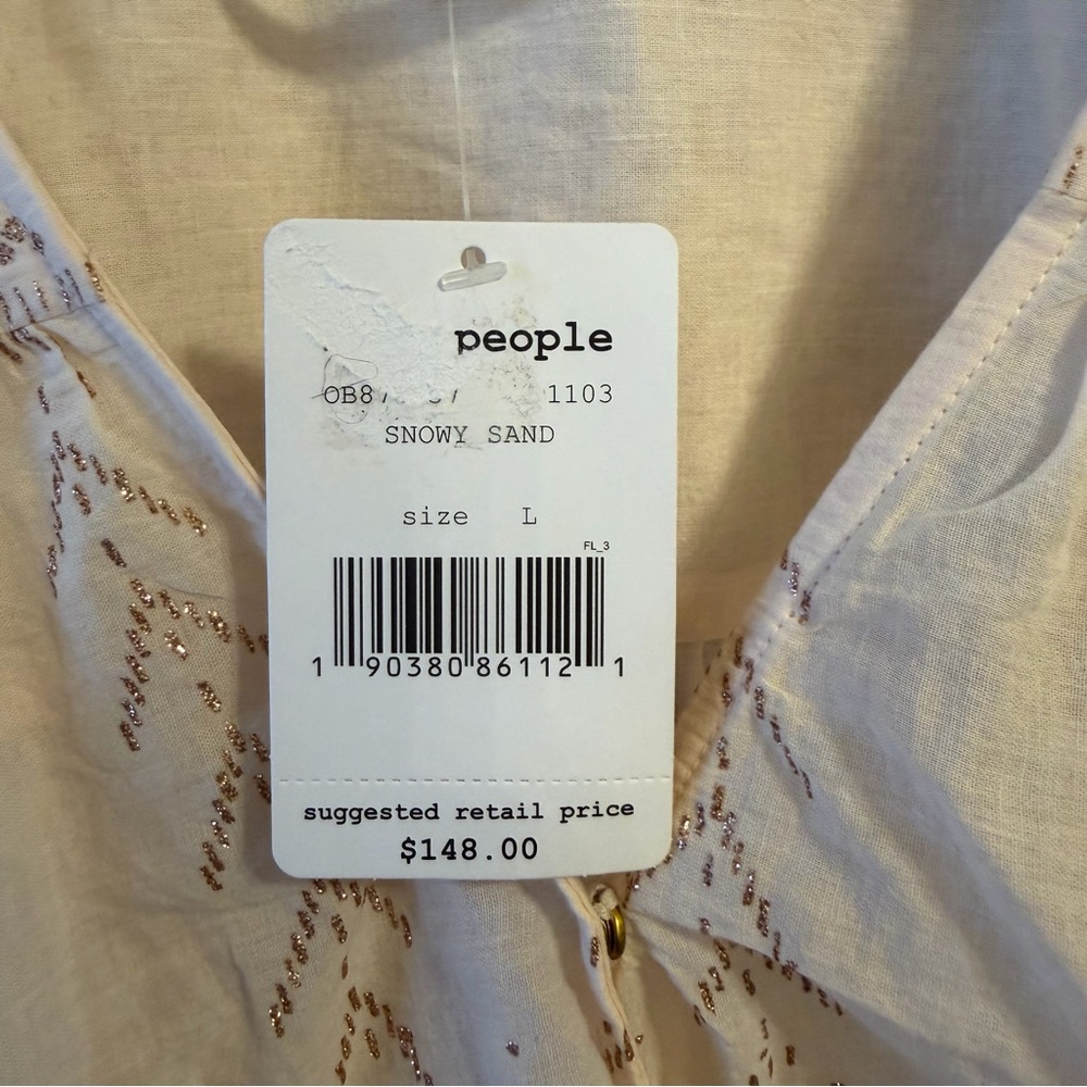 NWT Free People Cream Sparkly Patterned V-Neck Blouse, Size Large - Picture 7 of 14